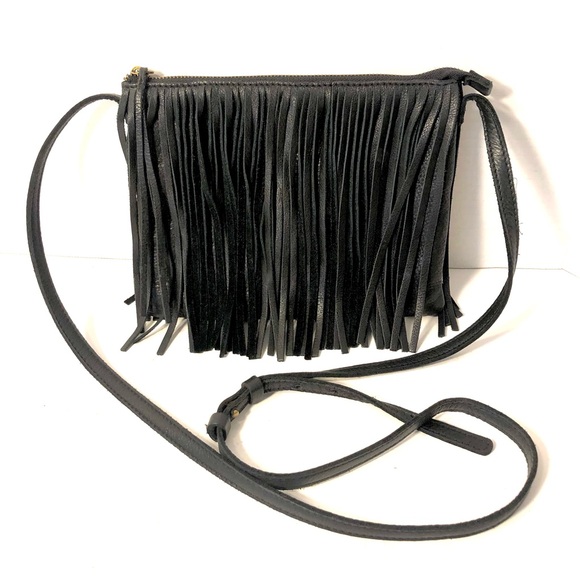 LUCKY BRAND Black Leather Fringed Crossbody Bag Purse - Picture 1 of 10